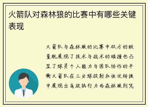火箭队对森林狼的比赛中有哪些关键表现